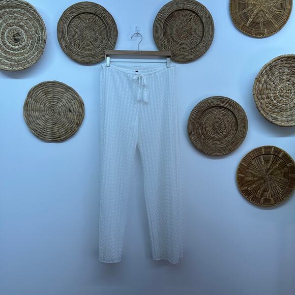 BECCA Neutral White Boho Sheer Lace Crochet Cover Up Pants Large Beach Vacation - Picture 1 of 6